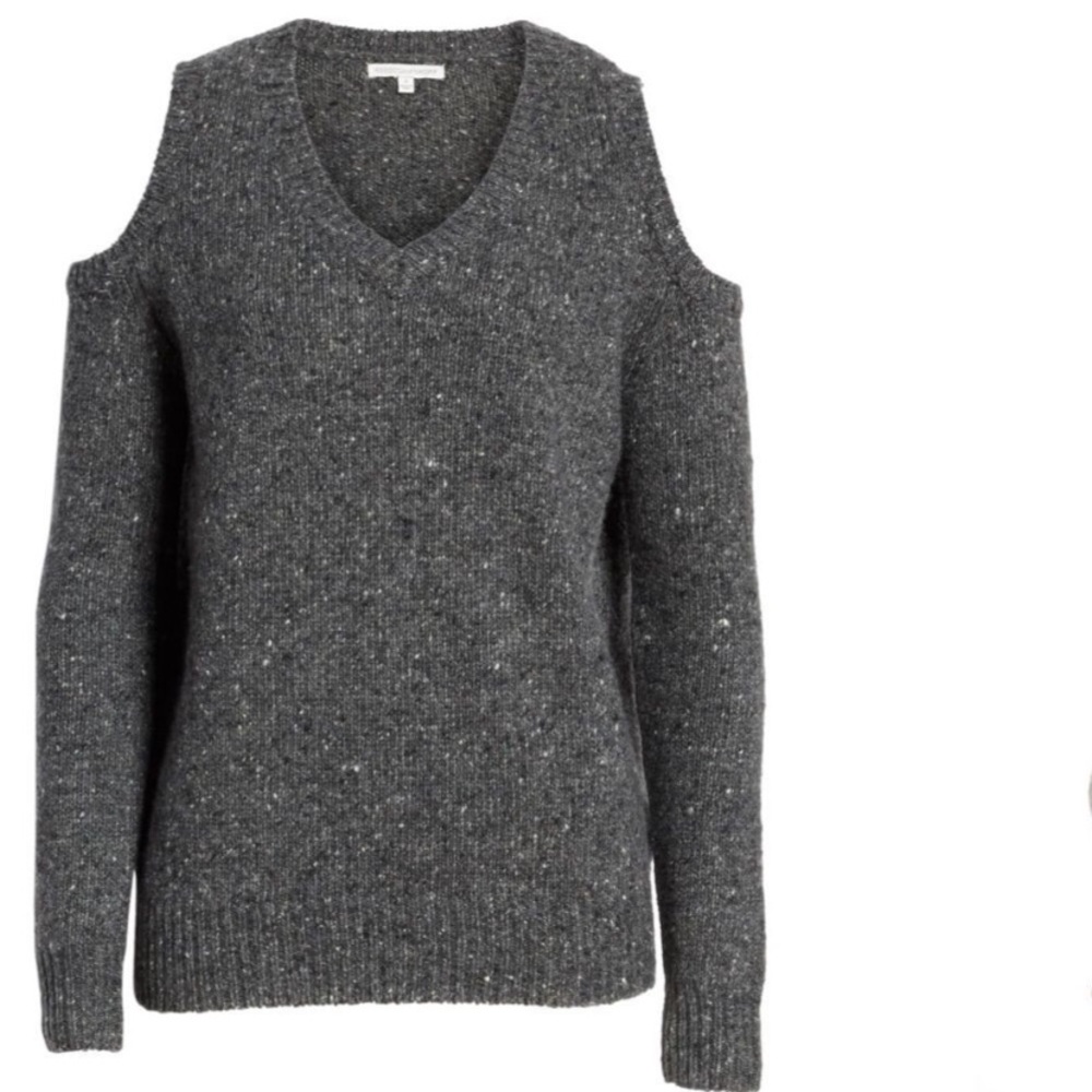 Rebecca Minkoff Marled Charcoal Knit Alpaca Wool Cold Shoulder V-Neck Sweater - Picture 8 of 13